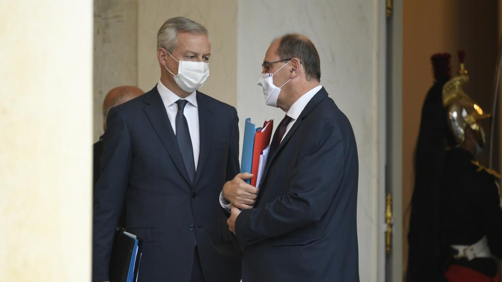 Bruno Le Maire et Jean Castex à l'issue du conseil des ministres du 28 septembre 2020 (Bertrand GUAY/AFP)