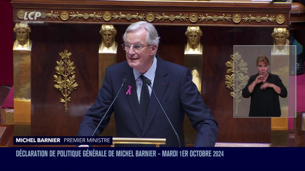 Michel Barnier à la tribune de l'Assemblée nationale, le 1er octobre 2024.