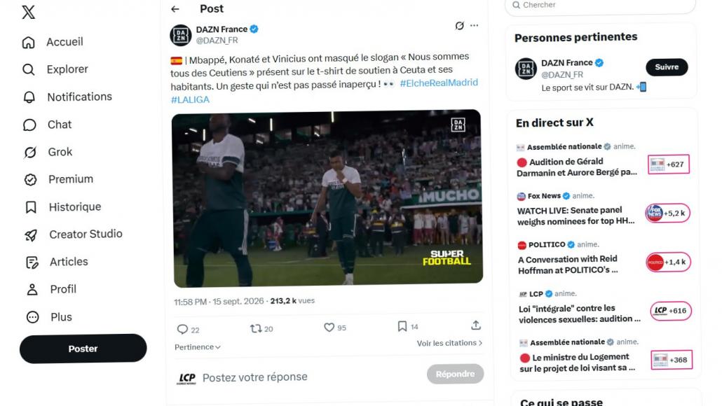 Capture du compte X de DAZN