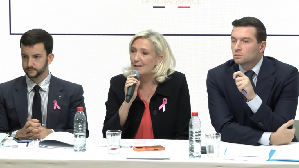 Jean-Philippe Tanguy, Marine Le Pen et Jordan Bardella, le 6 octobre 2026