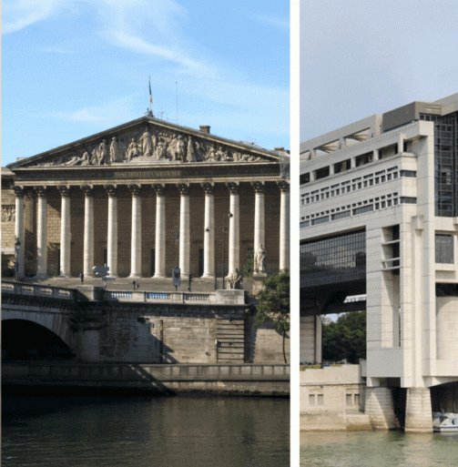 Montage photo de l'Assemblée nationale (à gauche) et du Ministère de l'Economie et des Finances (à droite). Crédits photo : Wikipédia (licence Creative Commons)