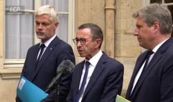 Laurent Wauquiez, Bruno Retailleau et Mathieu Darnaud, après leur rendez-vous à Matignon avec François Bayrou.