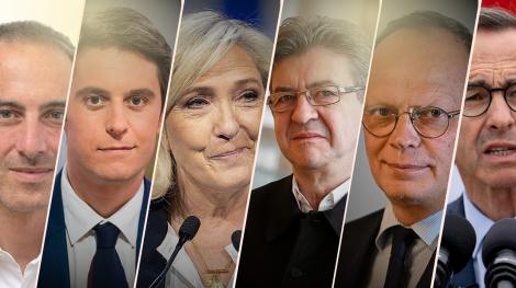 Raphaël Glucksmann, Gabriel Attal, Marine Le Pen, Jean-Luc Mélenchon, Edouard Philippe et Bruno Retailleau