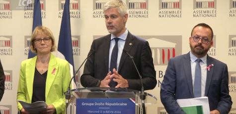 Les députés "Droite républicaine" Véronique Louwagie, Laurent Wauquiez et Yannick Neuder à l'Assemblée nationale, le 2 octobre 2024. LCP