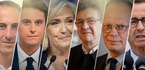 Raphaël Glucksmann, Gabriel Attal, Marine Le Pen, Jean-Luc Mélenchon, Edouard Philippe et Bruno Retailleau