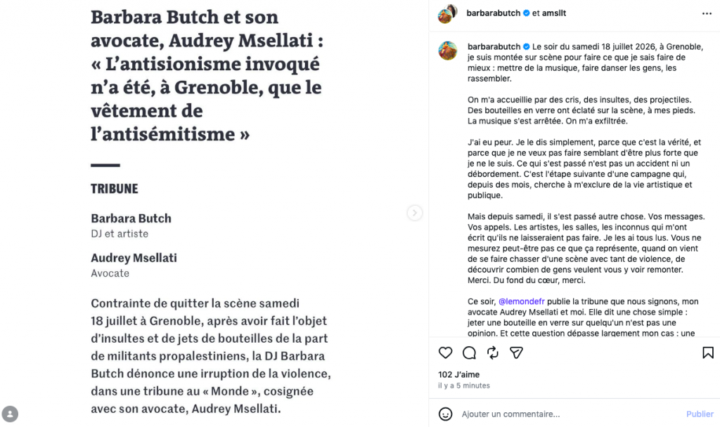 Le message de Barbara Butch sur Instagram. Le message de Barbara Butch sur Instagram.