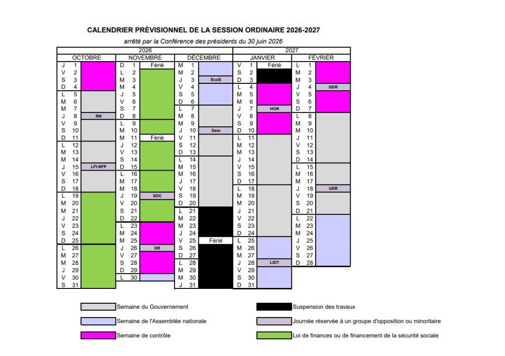 Le calendrier de la session ordinaire 2026-2027 Le calendrier de la session ordinaire 2026-2027