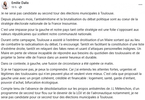 Emilie Dalix ne sera pas candidate à Toulouse